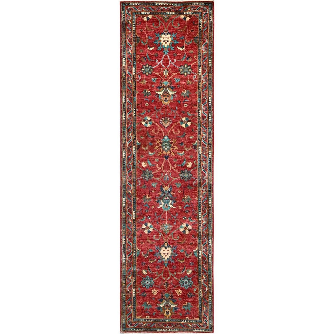 Runner 2'9"x10' Red Afghan Sultani with All Over Design Hand Knotted Wool (1 of 7)