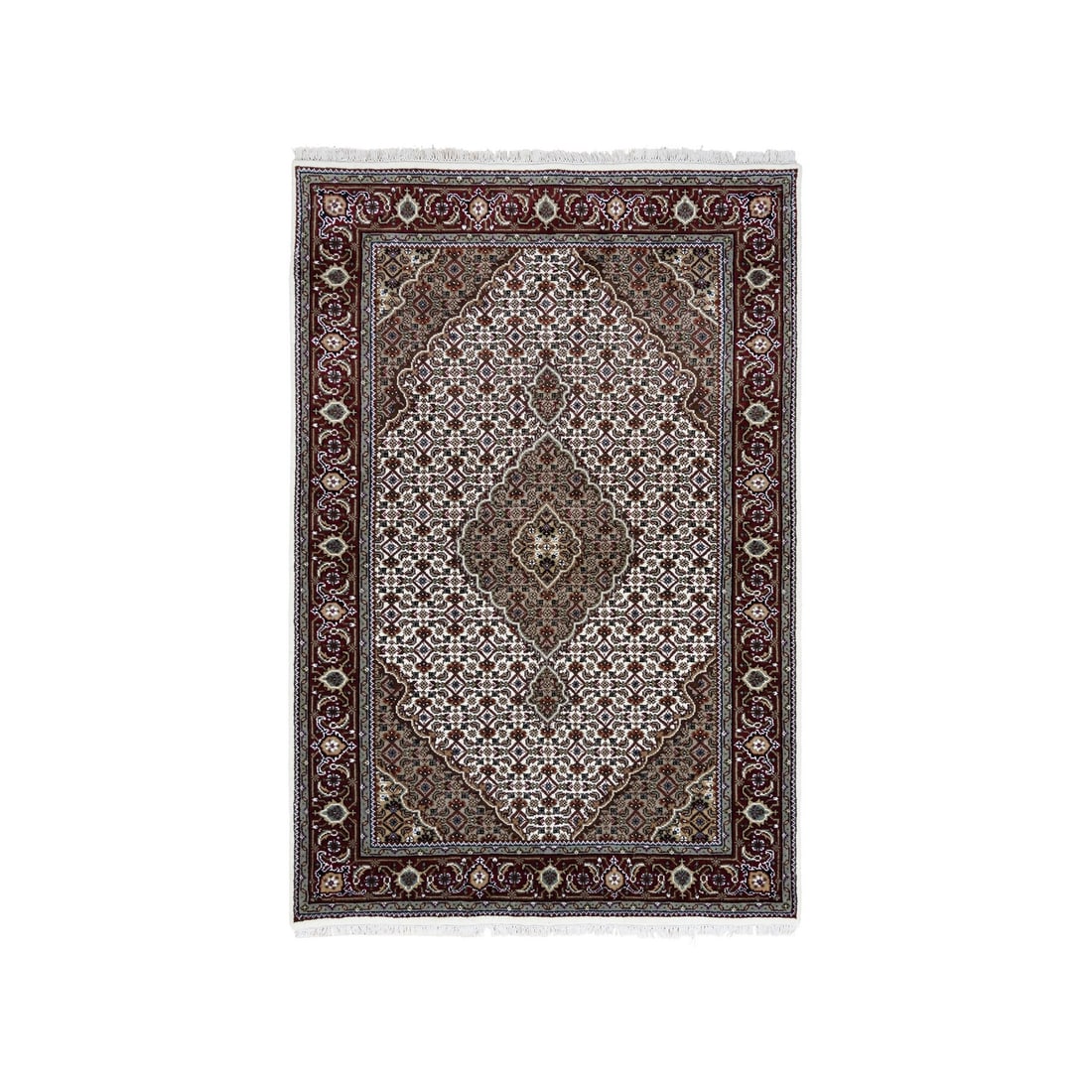 Rug 4'1"x6'2" Tebraz Mahi Wool & Silk Fish Medallion Design Hand Knotted: Rug 4'1"x6'2" Tebraz Mahi Wool & Silk Fish Medallion Design Hand Knotted This listing features Rug 4'1"x6'2" Tebraz Mahi Wool & Silk Fish Medallion Design Hand Knotted. Item specifics are provided