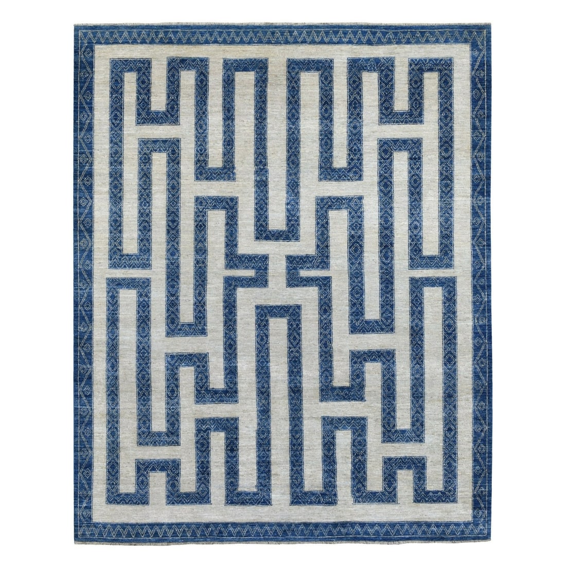 Rug 7'10"x9'9" Blue Wool Maze Design With Berber Influence Hand Knotted: Rug 7'10"x9'9" Blue Wool Maze Design With Berber Influence Hand Knotted This listing features Rug 7'10"x9'9" Blue Wool Maze Design With Berber Influence Hand Knotted. Item specifics are provided