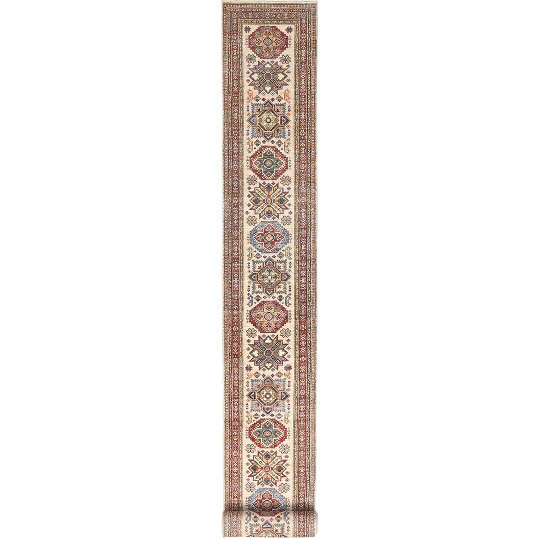 Rug 2'9"x35'8" Ivory Afghan Super Kazak Wool Hand Knotted XL Runner: Rug 2'9"x35'8" Ivory Afghan Super Kazak Wool Hand Knotted XL Runner This listing features Rug 2'9"x35'8" Ivory Afghan Super Kazak Wool Hand Knotted XL Runner. Item specifics are provided below. Item