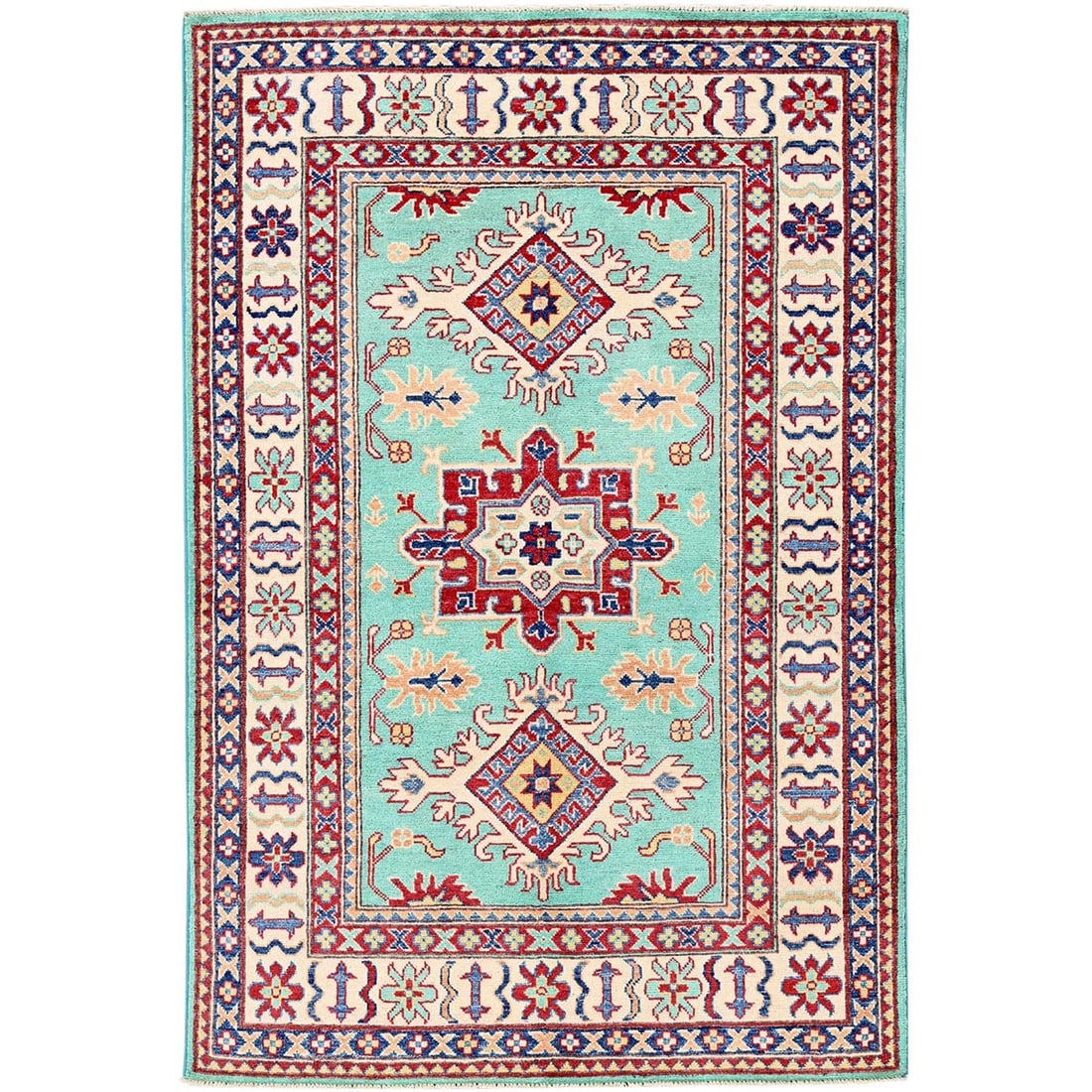 Rug 4'x5'10" Green Kazak with Tribal Medallions Design Wool Hand Knotted: Rug 4'x5'10" Green Kazak with Tribal Medallions Design Wool Hand Knotted This listing features Rug 4'x5'10" Green Kazak with Tribal Medallions Design Wool Hand Knotted. Item specifics are provided bel