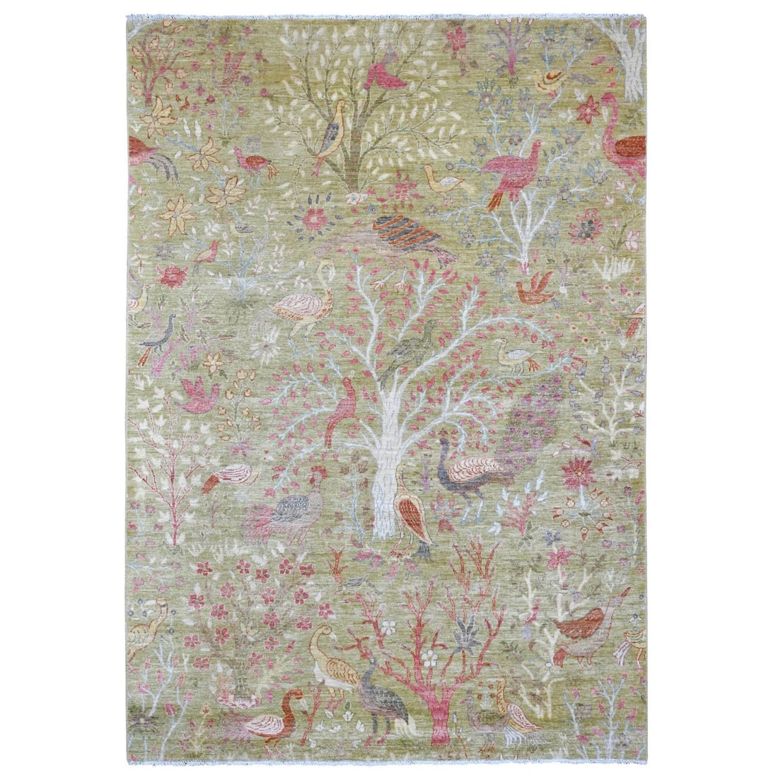 Knotted 6'1"x8'8" Green Soft Wool Rug Peshawar Birds Paradise Design Hand (1 of 6)