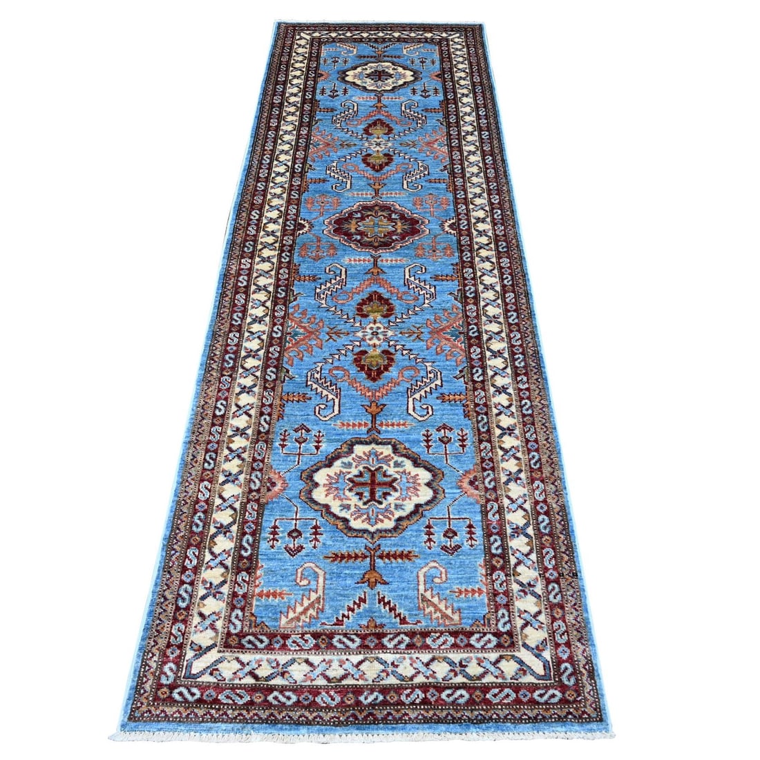Rug 2'9"x8'8" Copen Blue Super Kazak Hand Knotted Medallions Wool Runner (1 of 6)