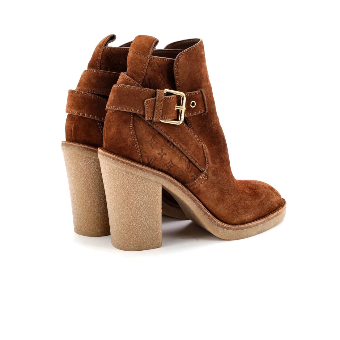 Suede Louis Vuitton Women's Buckle Heeled Ankle Boots Monogram Embossed - 3