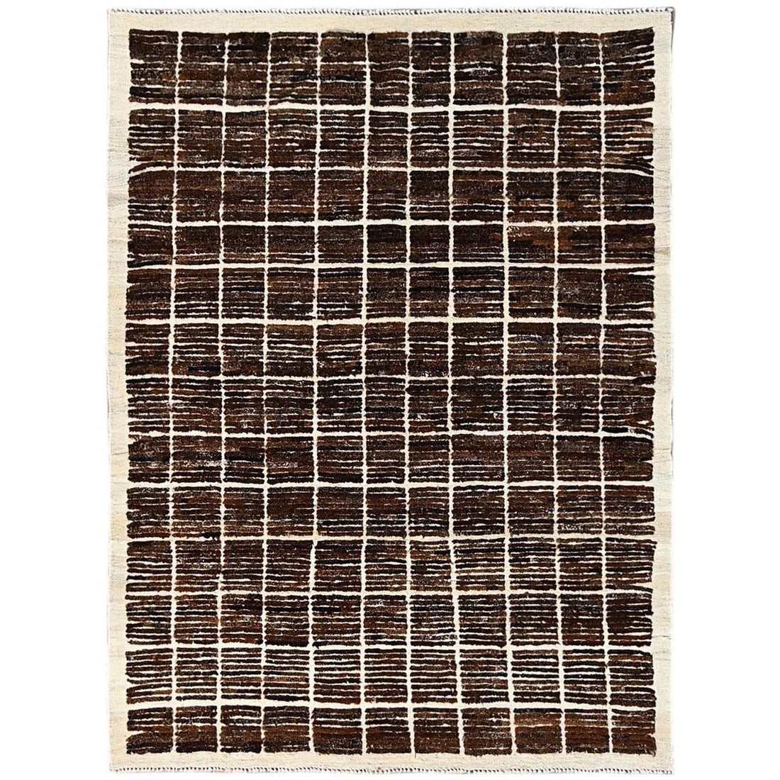 Rug 4'10"x6'4" Brown Moroccan Weave Grid Design Hand Knotted Natural Wool (1 of 7)