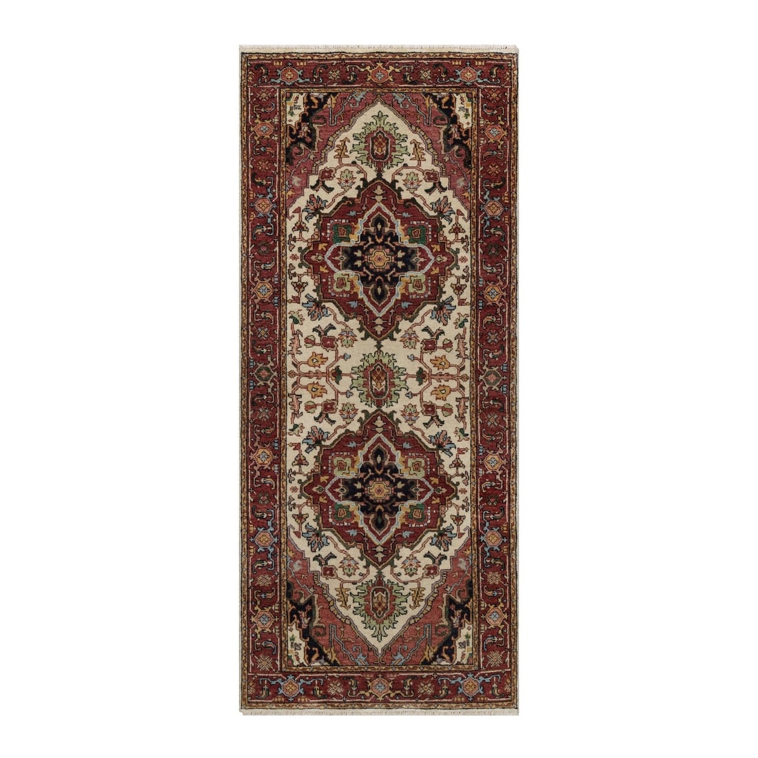 Runner 2'7"x6'1" Ivory Hand Knotted Rug Antiqued Heris Re-Creation Wool (1 of 8)