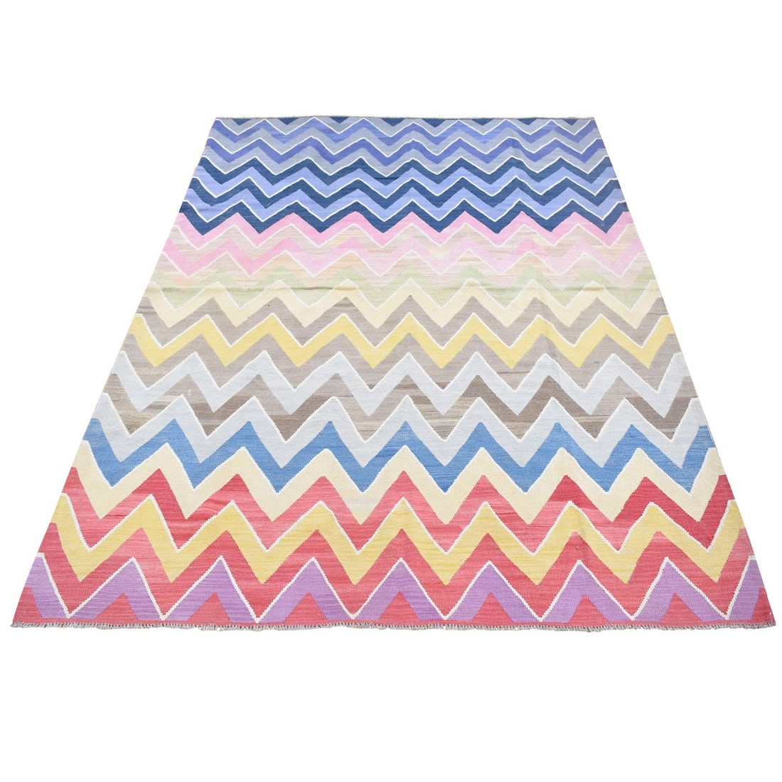 Rug 7'1"x10'1" Colorful Wool Hand Woven Afghan Kilim with Chevron Design (1 of 6)