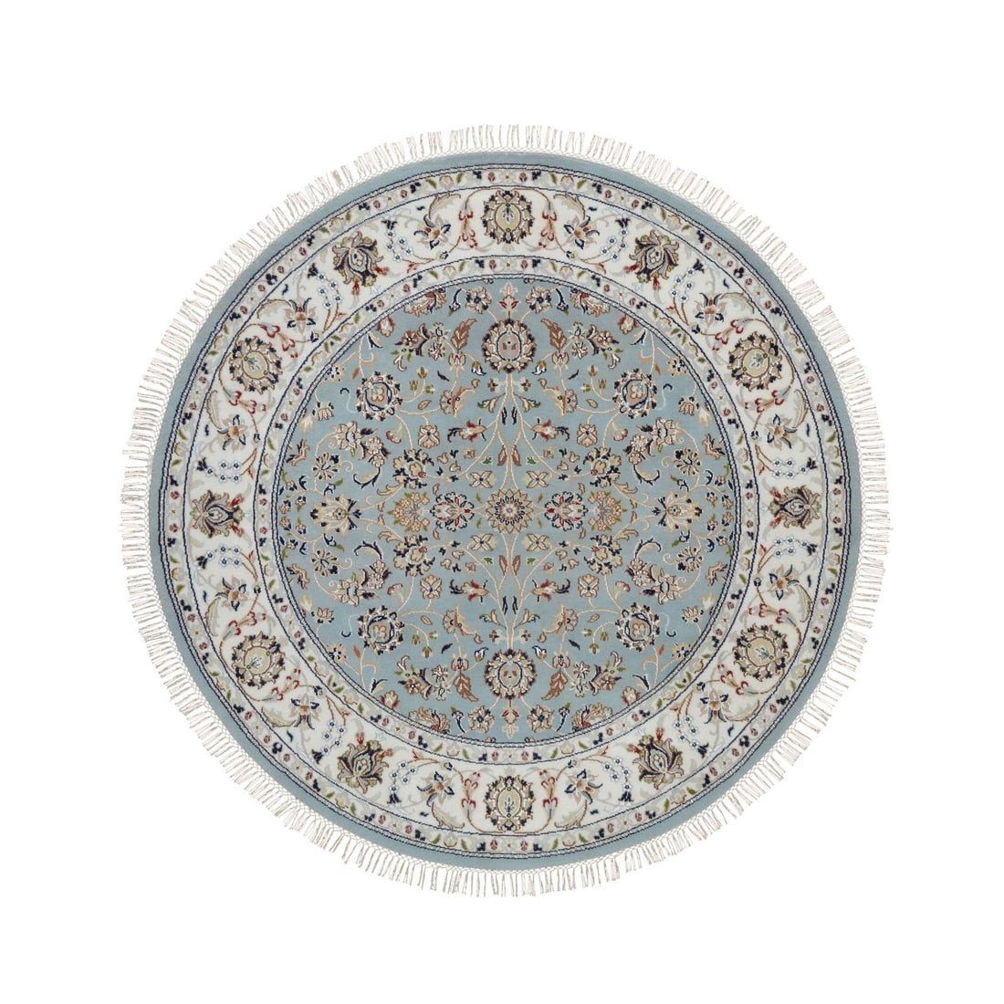 Rug 5'2"x5'2" Light Blue Nain Flower Design Wool & Silk Hand Knotted Round (1 of 8)