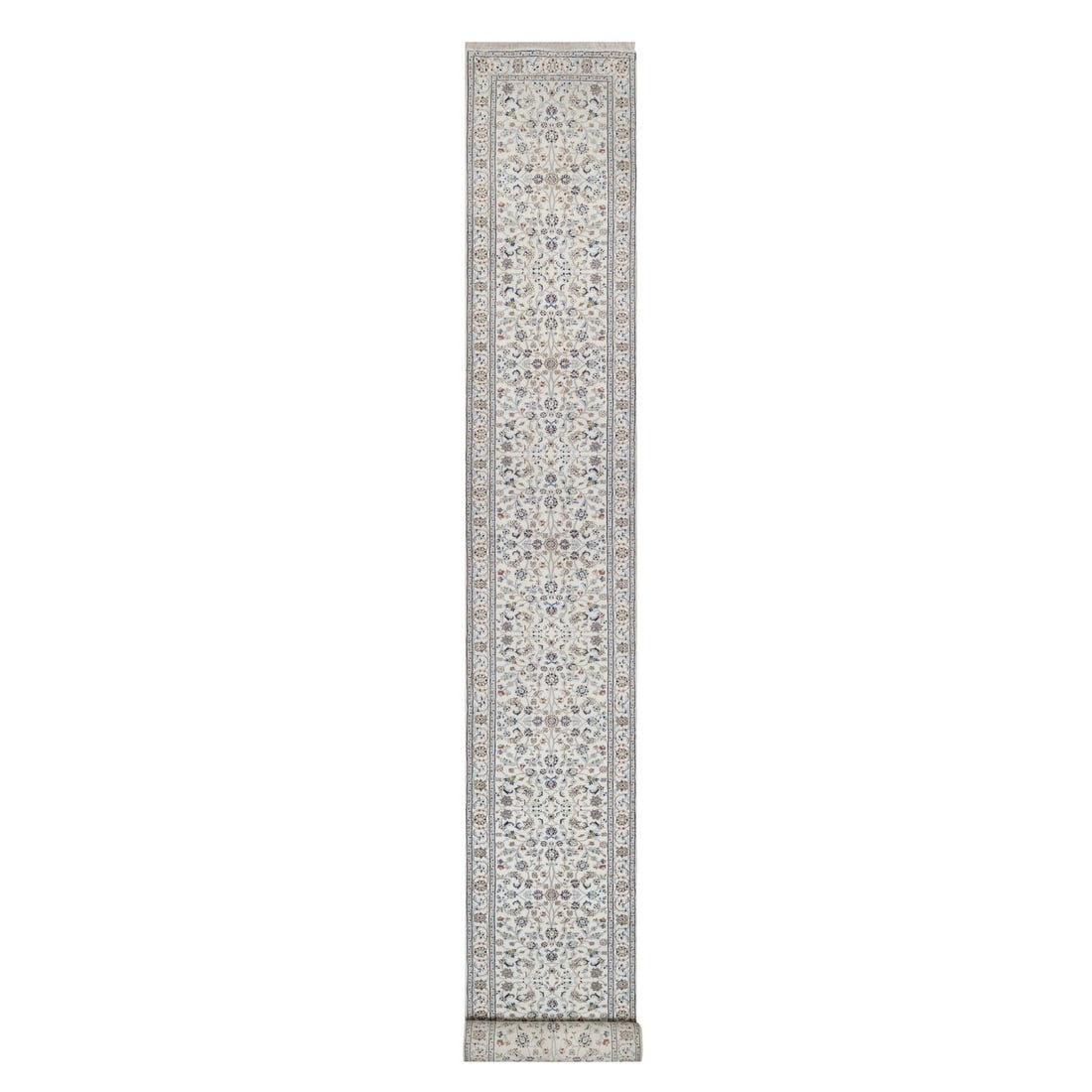 Rug 2'9"x21'8" Ivory Nain Flower Pattern Wool & Silk Hand Knotted Runner: Rug 2'9"x21'8" Ivory Nain Flower Pattern Wool & Silk Hand Knotted Runner This listing features Rug 2'9"x21'8" Ivory Nain Flower Pattern Wool & Silk Hand Knotted Runner. Item specifics are provided