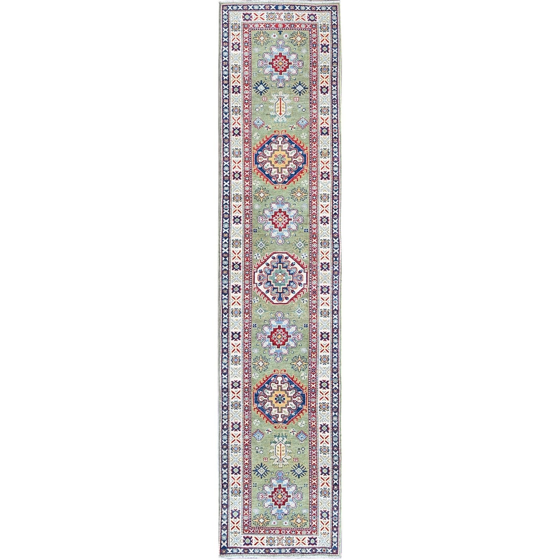 Rug 2'9"x12'9" Green Kazak with Medallions Design Hand Knotted Wool Runner: Rug 2'9"x12'9" Green Kazak with Medallions Design Hand Knotted Wool Runner This listing features Rug 2'9"x12'9" Green Kazak with Medallions Design Hand Knotted Wool Runner. Item specifics are