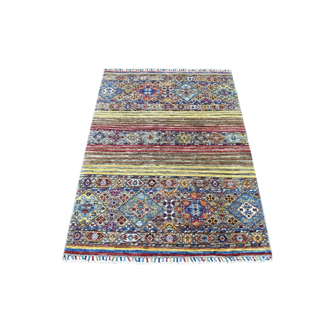 Rug 3'5"x4'10" Hand Knotted Pure Wool Colorful Super Kazak Khorjin: Rug 3'5"x4'10" Hand Knotted Pure Wool Colorful Super Kazak Khorjin This listing features Rug 3'5"x4'10" Hand Knotted Pure Wool Colorful Super Kazak Khorjin. Item specifics are provided below. Item