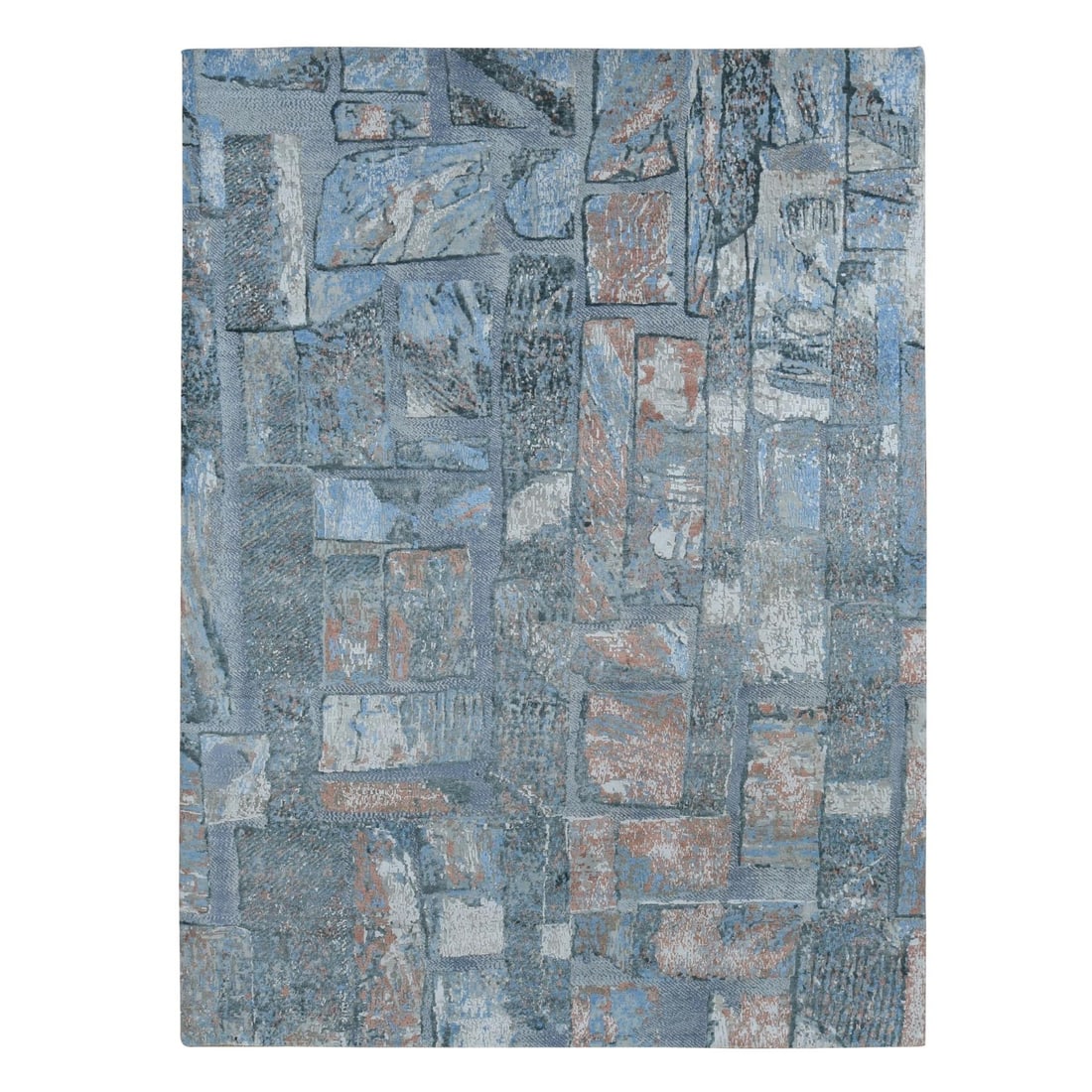 Rug 9'x12'2" Blue Modern Brick Design Hand Knotted Wool and Silk (1 of 12)