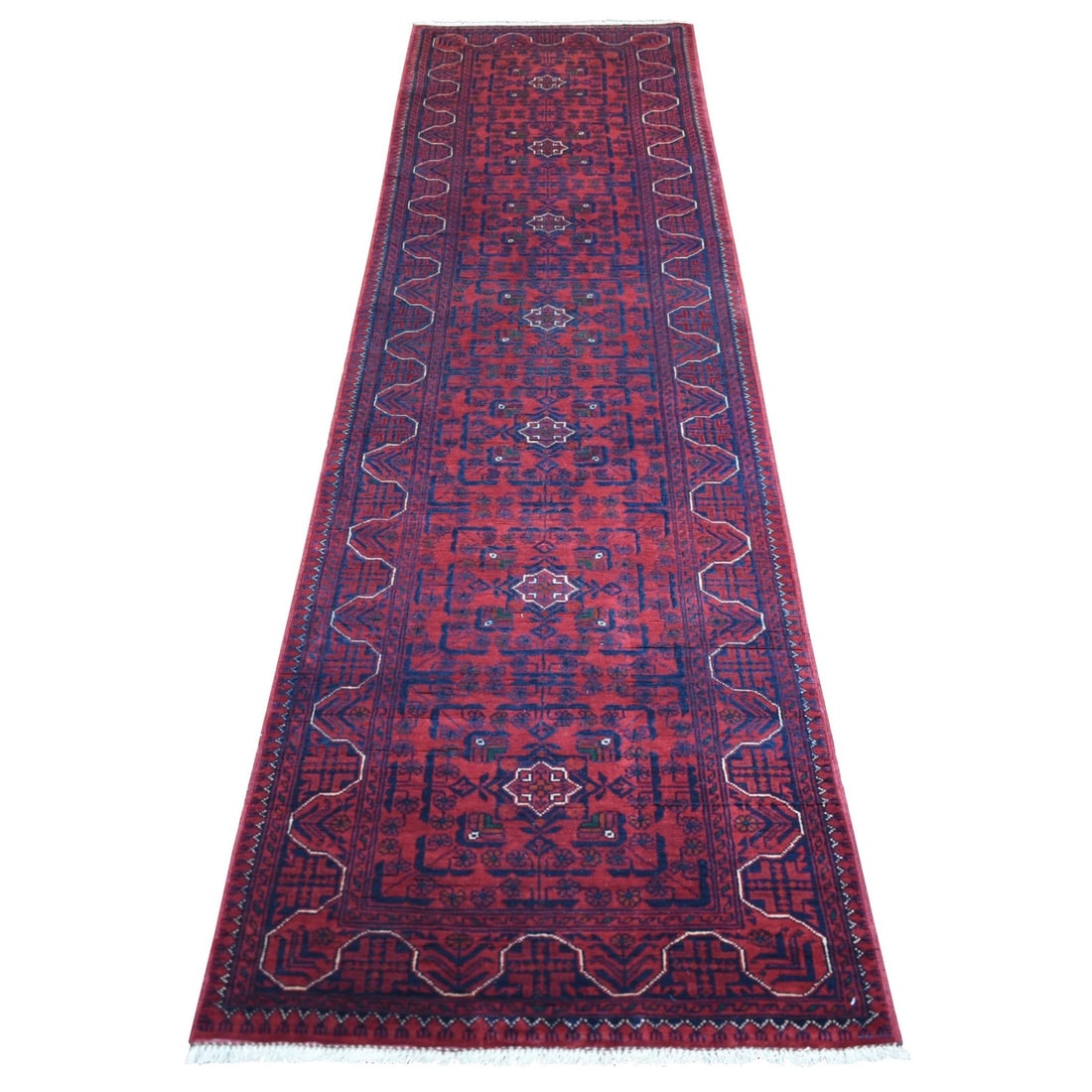 Rug 2'7"x9'7" Deep Red Hand Knotted Afghan Khamyab Velvety Wool Runner (1 of 6)