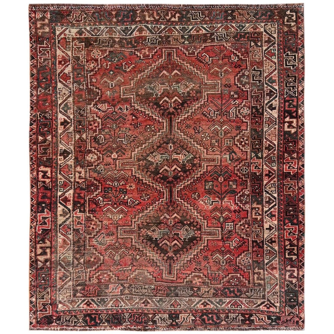 Rug 5'7"x6'8" Blush Red Vintage Zoroastrian Sheeraz Hand Knotted Pure Wool: Rug 5'7"x6'8" Blush Red Vintage Zoroastrian Sheeraz Hand Knotted Pure Wool This listing features Rug 5'7"x6'8" Blush Red Vintage Zoroastrian Sheeraz Hand Knotted Pure Wool. Item specifics are