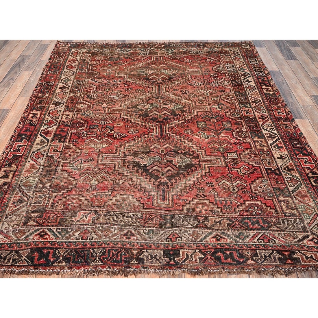 Rug 5'7"x6'8" Blush Red Vintage Zoroastrian Sheeraz Hand Knotted Pure Wool - 2