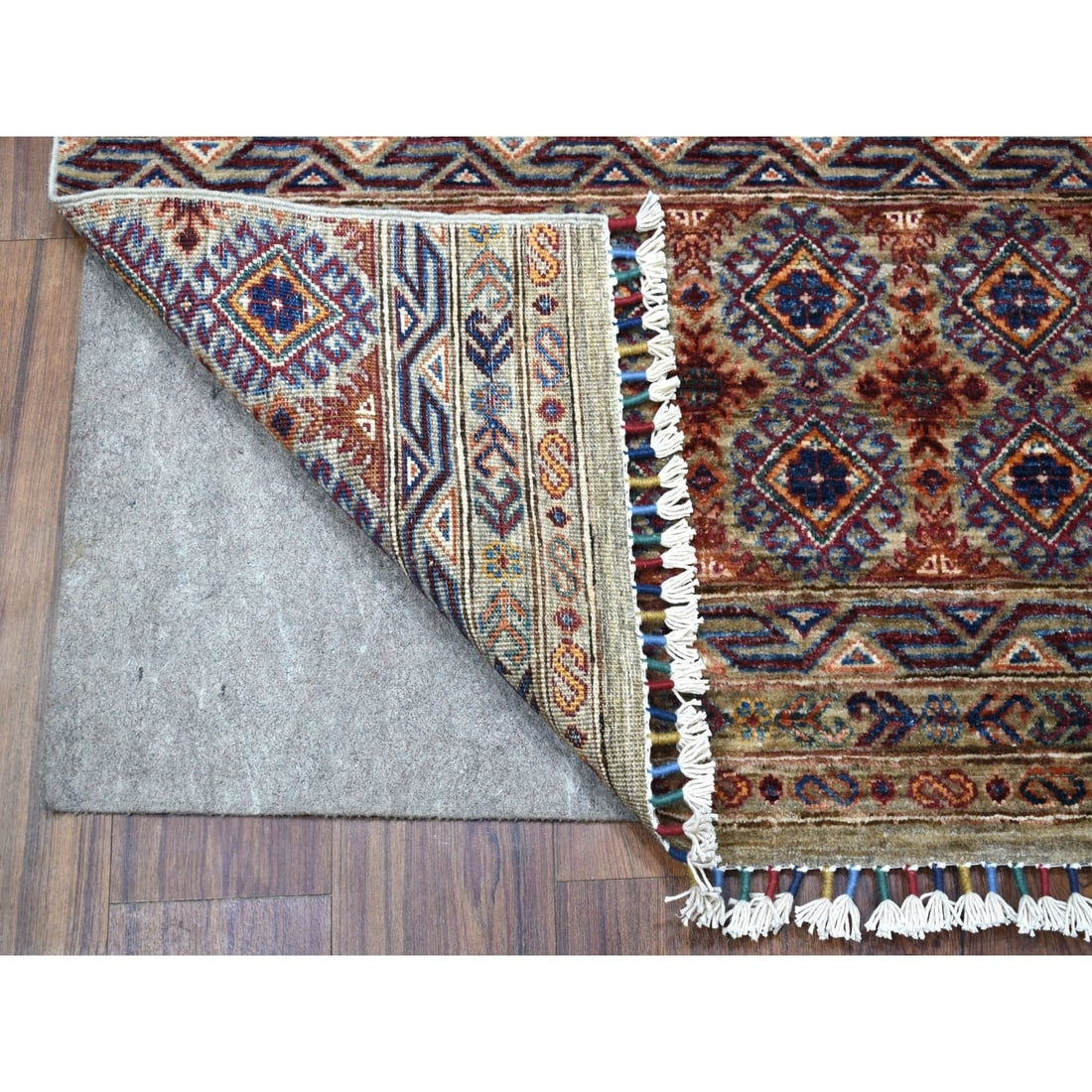 Rug 3'x7'7" Gray Super Kazak Khorjin Design Hand Knotted Pure Wool Runner - 2