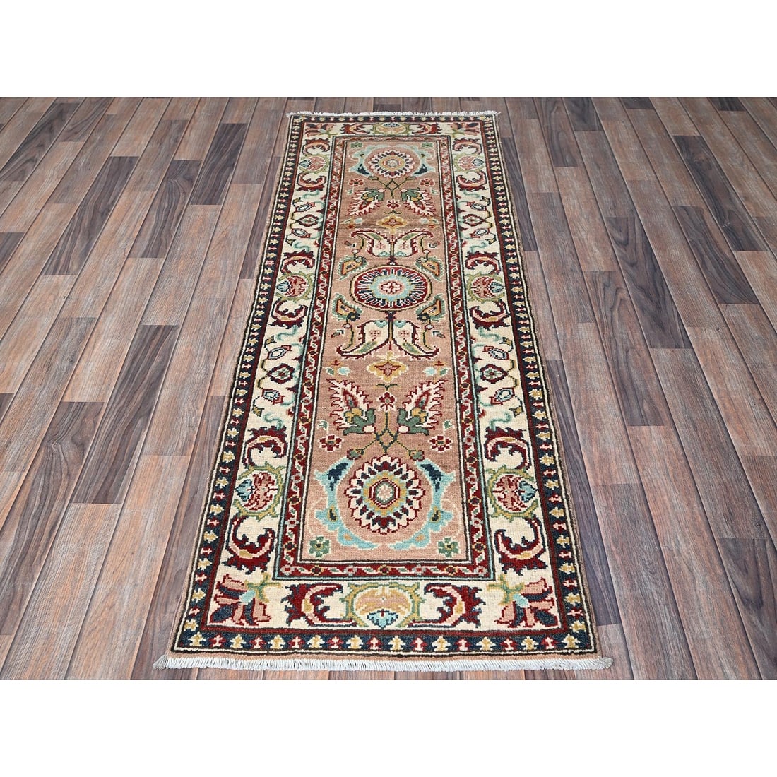 Rug 2'2"x5'10" Brown Kazak with Tribal Design Hand Knotted Soft Wool Runner - 2