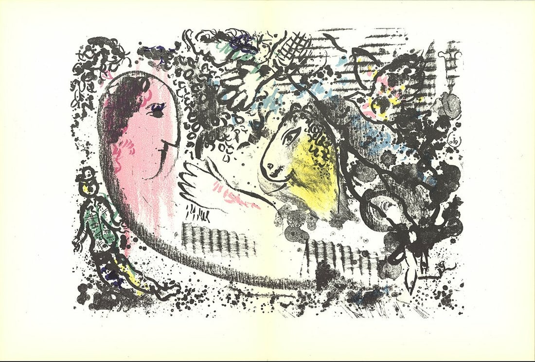 Ye MARC CHAGALL Reverie 15" x 22" Lithograph 1969 Modernism Black & White Pink (1 of 16)