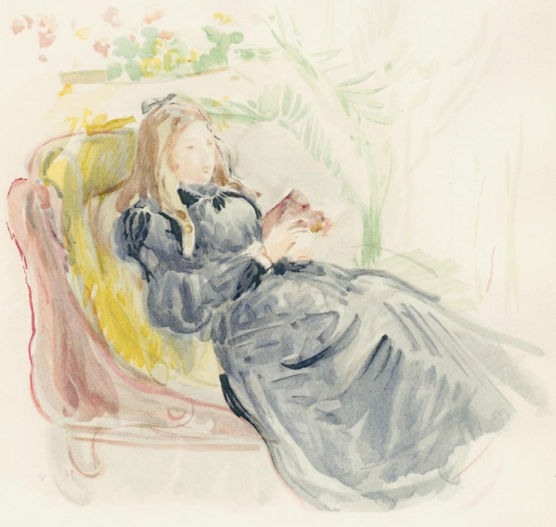 Lithograph - Berthe Morisot - Jeune Femme sur le sofa - Berthe Morisot Seize Aquarelles: Lithograph - Berthe Morisot - Jeune Femme sur le sofa - Berthe Morisot Seize Aquarelles This listing features Lithograph - Berthe Morisot - Jeune Femme sur le sofa - Berthe Morisot Seize Aquarelles.