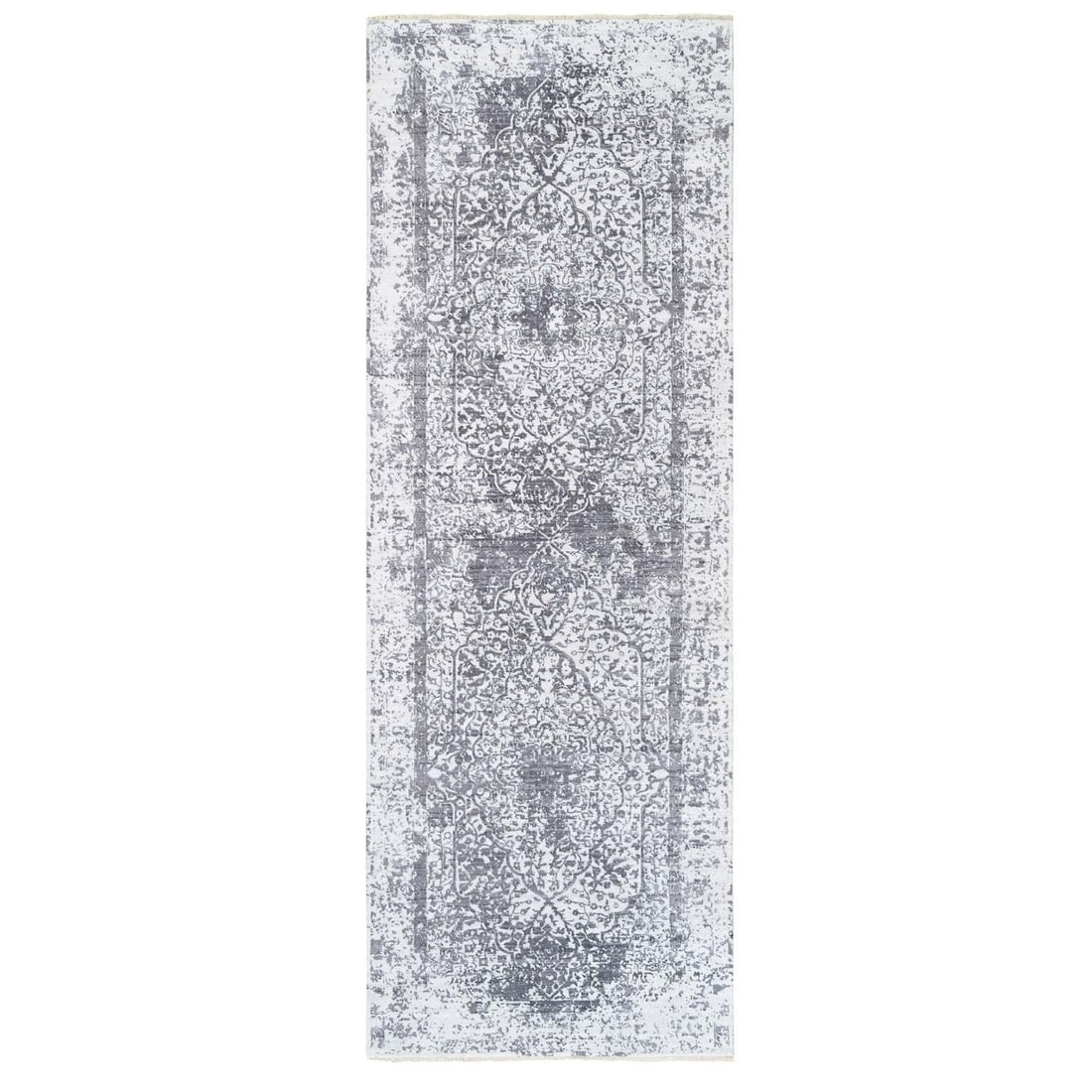 Rug 4'1"x12'1" Grey Wool And Pure Silk Broken Farsian Design Hand Knotted: Rug 4'1"x12'1" Grey Wool And Pure Silk Broken Farsian Design Hand Knotted This listing features Rug 4'1"x12'1" Grey Wool And Pure Silk Broken Farsian Design Hand Knotted. Item specifics are provided b