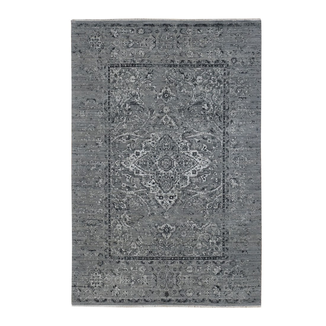 Rug 6'x9' Gray Zoroastrian Erased Design Silk with Wool Hand Knotted: Rug 6'x9' Gray Zoroastrian Erased Design Silk with Wool Hand Knotted This listing features Rug 6'x9' Gray Zoroastrian Erased Design Silk with Wool Hand Knotted. Item specifics are provided below. 