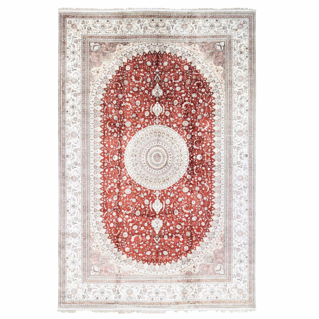 Rug 12'x18'4" Red Sino Tebraz 250 KPSI Hand Knotted Silken Oversized: Rug 12'x18'4" Red Sino Tebraz 250 KPSI Hand Knotted Silken Oversized This listing features Rug 12'x18'4" Red Sino Tebraz 250 KPSI Hand Knotted Silken Oversized. Item specifics are provided below. Item