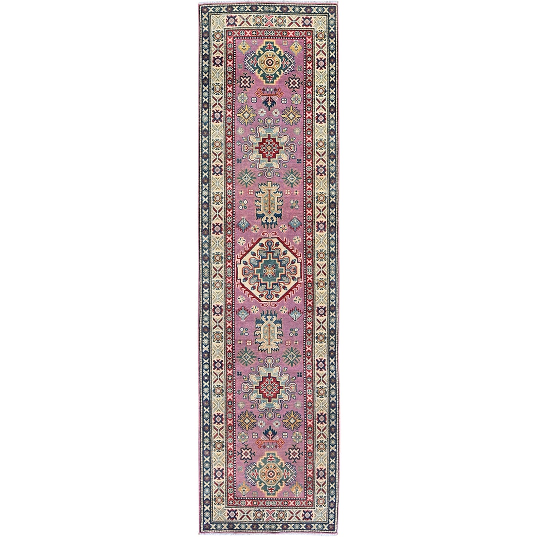 Rug 2'7"x10'1" Pink Kazak with Tribal Design Hand Knotted Soft Wool Runner: Rug 2'7"x10'1" Pink Kazak with Tribal Design Hand Knotted Soft Wool Runner This listing features Rug 2'7"x10'1" Pink Kazak with Tribal Design Hand Knotted Soft Wool Runner. Item specifics are provided