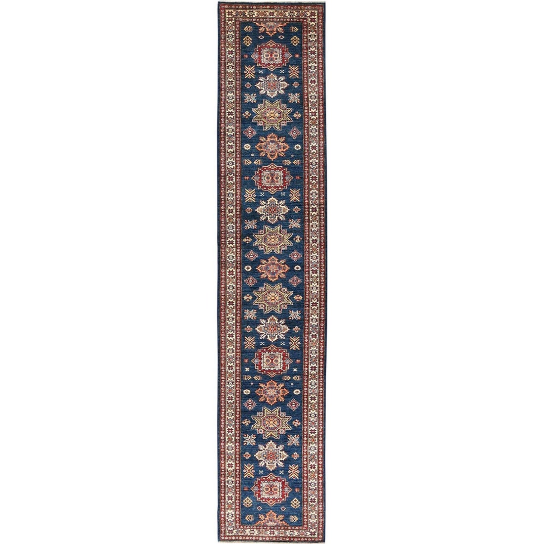 Rug 2'10"x13'8" Blue Afghan Super Kazak Wool Hand Knotted Runner: Rug 2'10"x13'8" Blue Afghan Super Kazak Wool Hand Knotted Runner This listing features Rug 2'10"x13'8" Blue Afghan Super Kazak Wool Hand Knotted Runner. Item specifics are provided below. Item Specifi