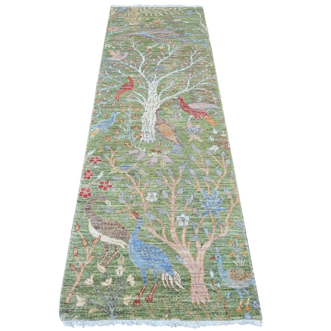 Runner 2'7"x8'1" Green Hand Knotted Rug Birds of Paradise Design Soft Wool (1 of 6)