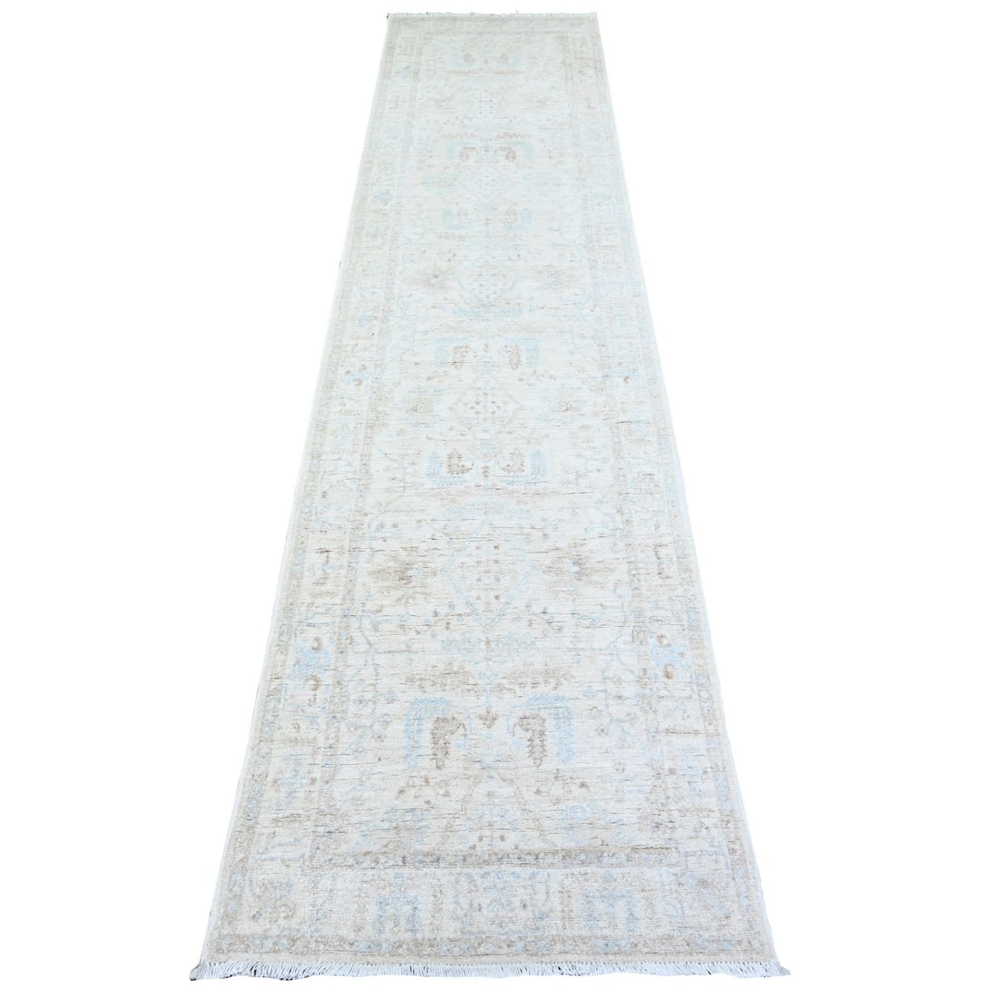 Rug 2'4"x10'2" Ceramic Ivory White Wash Peshawar Wool Hand Knotted Runner (1 of 6)