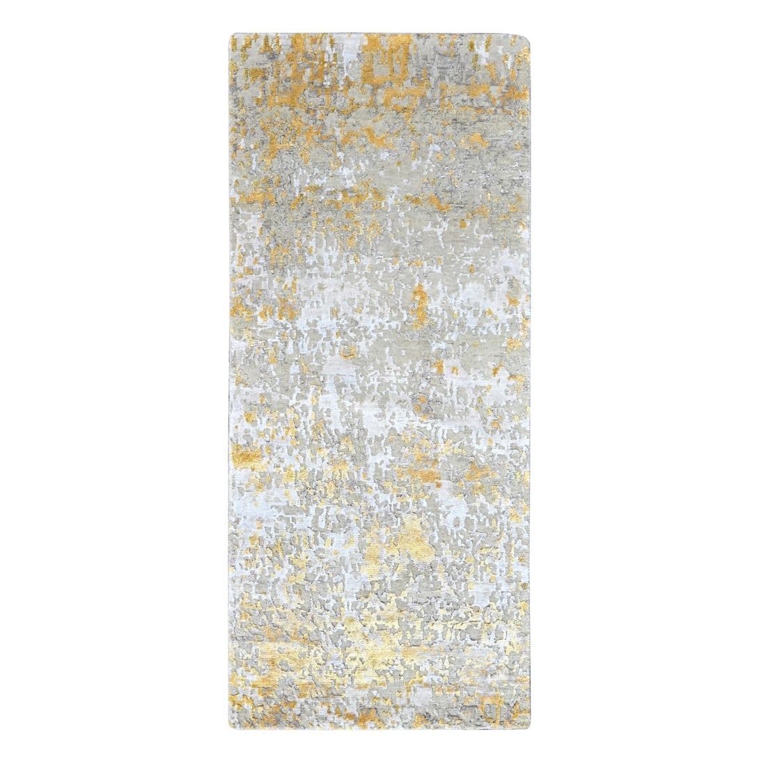 Rug 2'6"x6' Beige-Gold Abstract Design Wool and Silk Hand Knotted Runner: Rug 2'6"x6' Beige-Gold Abstract Design Wool and Silk Hand Knotted Runner This listing features Rug 2'6"x6' Beige-Gold Abstract Design Wool and Silk Hand Knotted Runner. Item specifics are provided