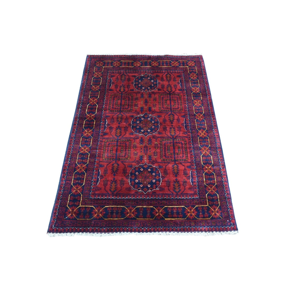 Rug 3'4"x4'9" Red Afghan Khamyab Soft and Shiny Wool Hand Knotted (1 of 6)