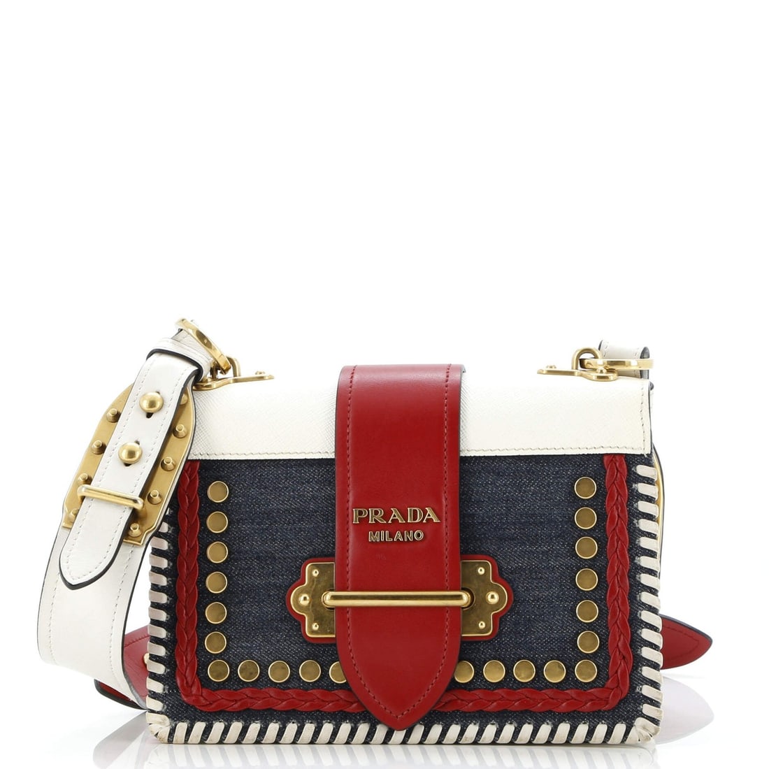 Small Prada Cahier Crossbody Bag Embellished Denim and Leather: Small Prada Cahier Crossbody Bag Embellished Denim and Leather This listing features Small Prada Cahier Crossbody Bag Embellished Denim and Leather. Item specifics are provided below. Item
