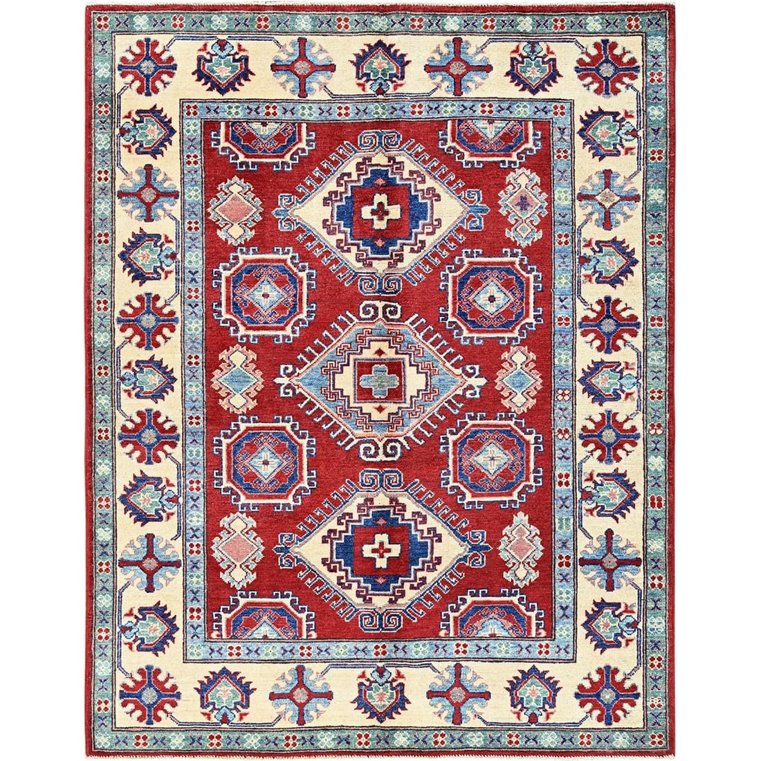 Rug 5'1"x6'9" Berry Red Hand Knotted Kazak with Tribal Motifs Soft Wool: Rug 5'1"x6'9" Berry Red Hand Knotted Kazak with Tribal Motifs Soft Wool This listing features Rug 5'1"x6'9" Berry Red Hand Knotted Kazak with Tribal Motifs Soft Wool. Item specifics are provided below