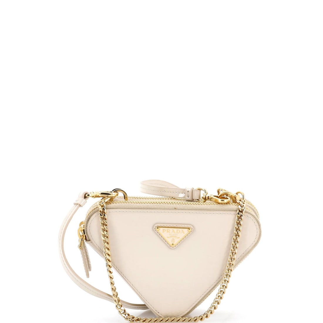 Mini Prada Triangle Double Zip Pouch Bag with Chain Saffiano Leather: Mini Prada Triangle Double Zip Pouch Bag with Chain Saffiano Leather This listing features Mini Prada Triangle Double Zip Pouch Bag with Chain Saffiano Leather. Item specifics are provided below. 