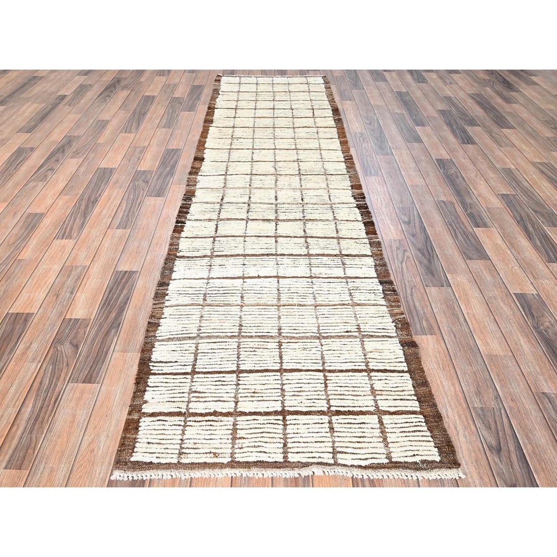 Runner 2'8"x9'5" Ivory Hand Knotted Rug Moroccan Weave Grid Design Wool - 2