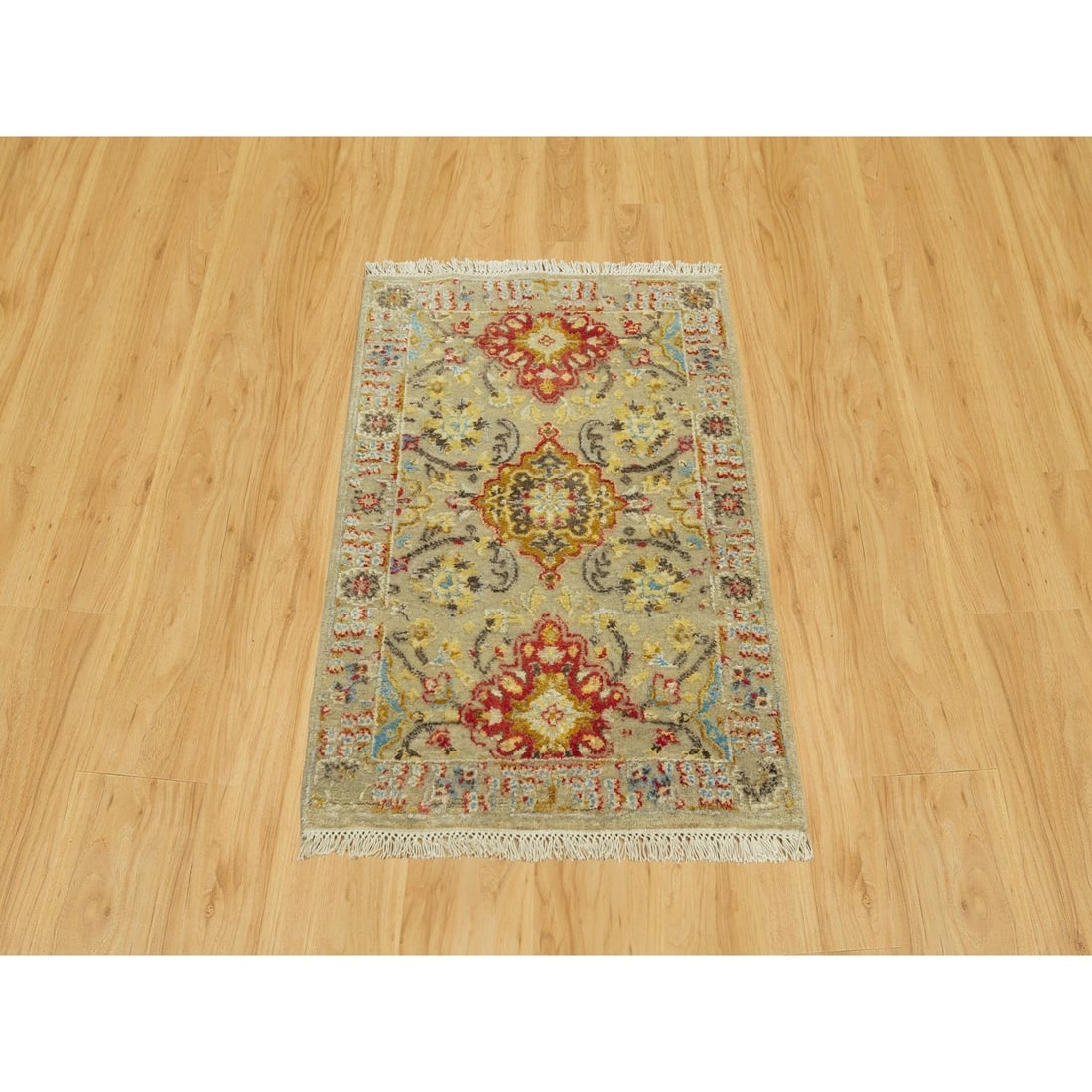 Rug 2'3"x3' Beige Wool and Silk Sunset Hand Knotted Runner Oriental - 2