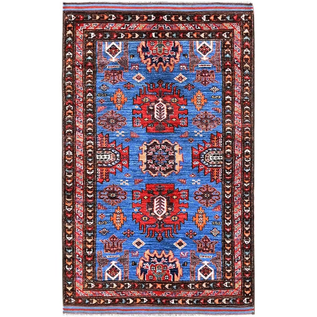 Rug 3'x4'8" Blue Afghan Ersari Caucasian Design Revival Hand Knotted Wool (1 of 7)