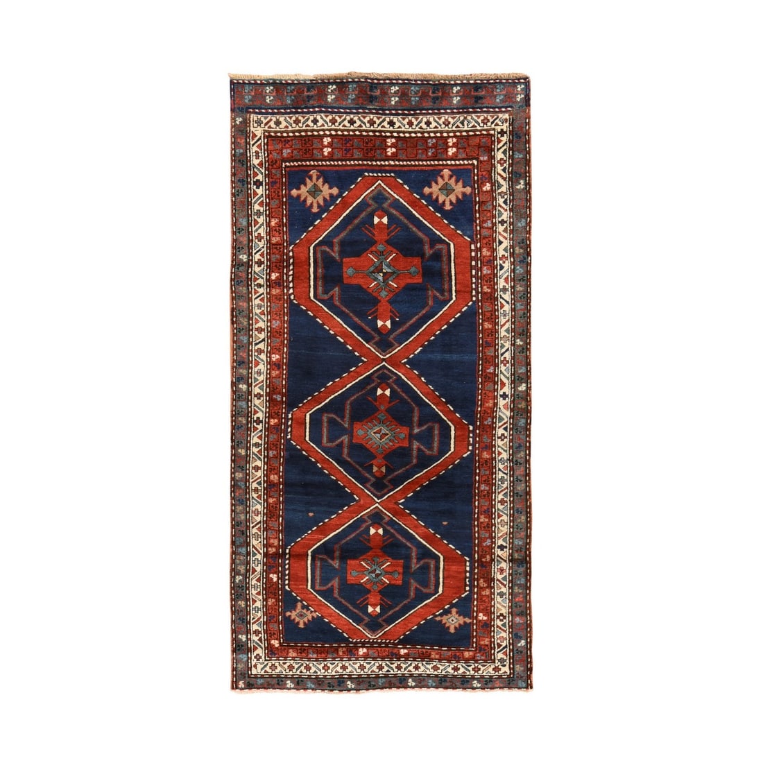 Knotted 4'x8'9" Navy Blue Antique Caucasian Rug Armenian Kazak Wool Hand (1 of 8)