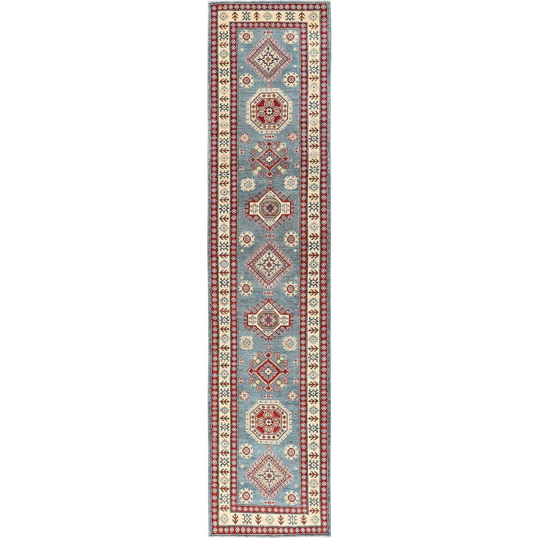Runner 3'x13'8" Blue Kazak with Geometric Design Hand Knotted Rug Wool (1 of 7)