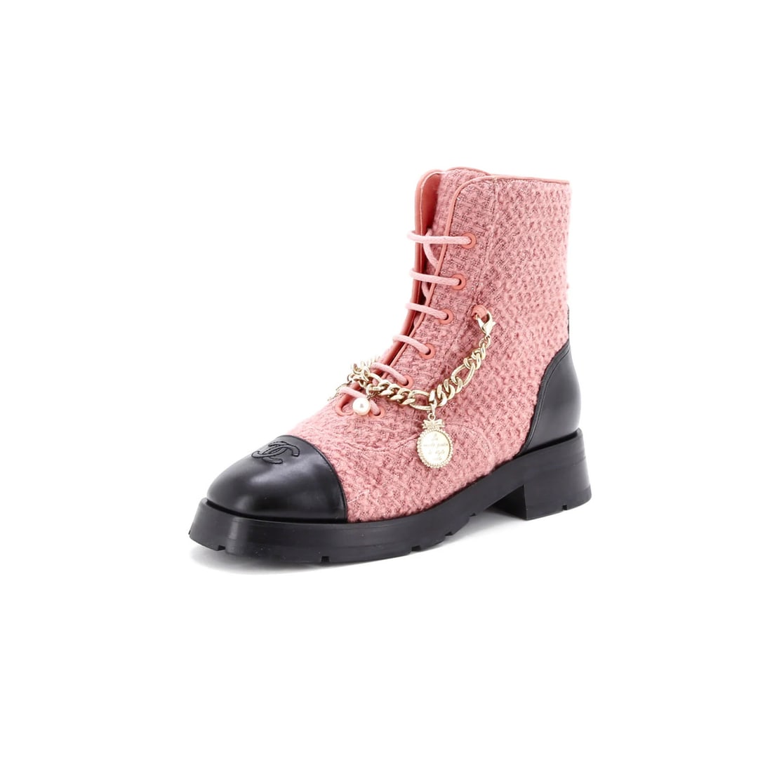 Leather Chanel Women's Charm Chain CC Cap Toe Combat Boots Tweed and (1 of 5)