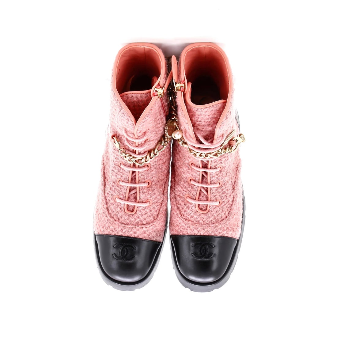 Leather Chanel Women's Charm Chain CC Cap Toe Combat Boots Tweed and - 2