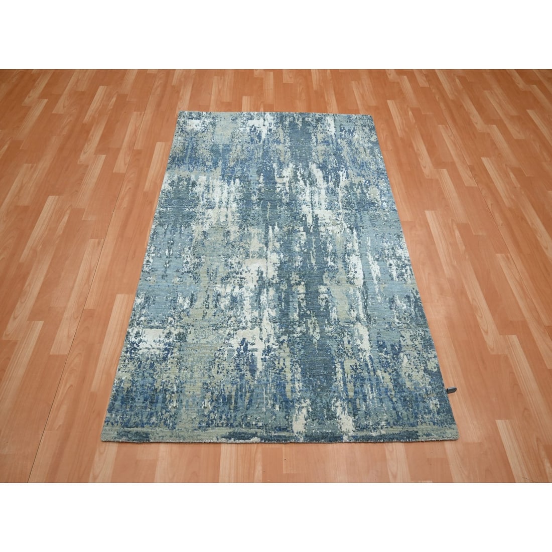 Rug 4'1"x6'2" Light Blue Hand Knotted Abstract Design Pure Silk and Wool - 2