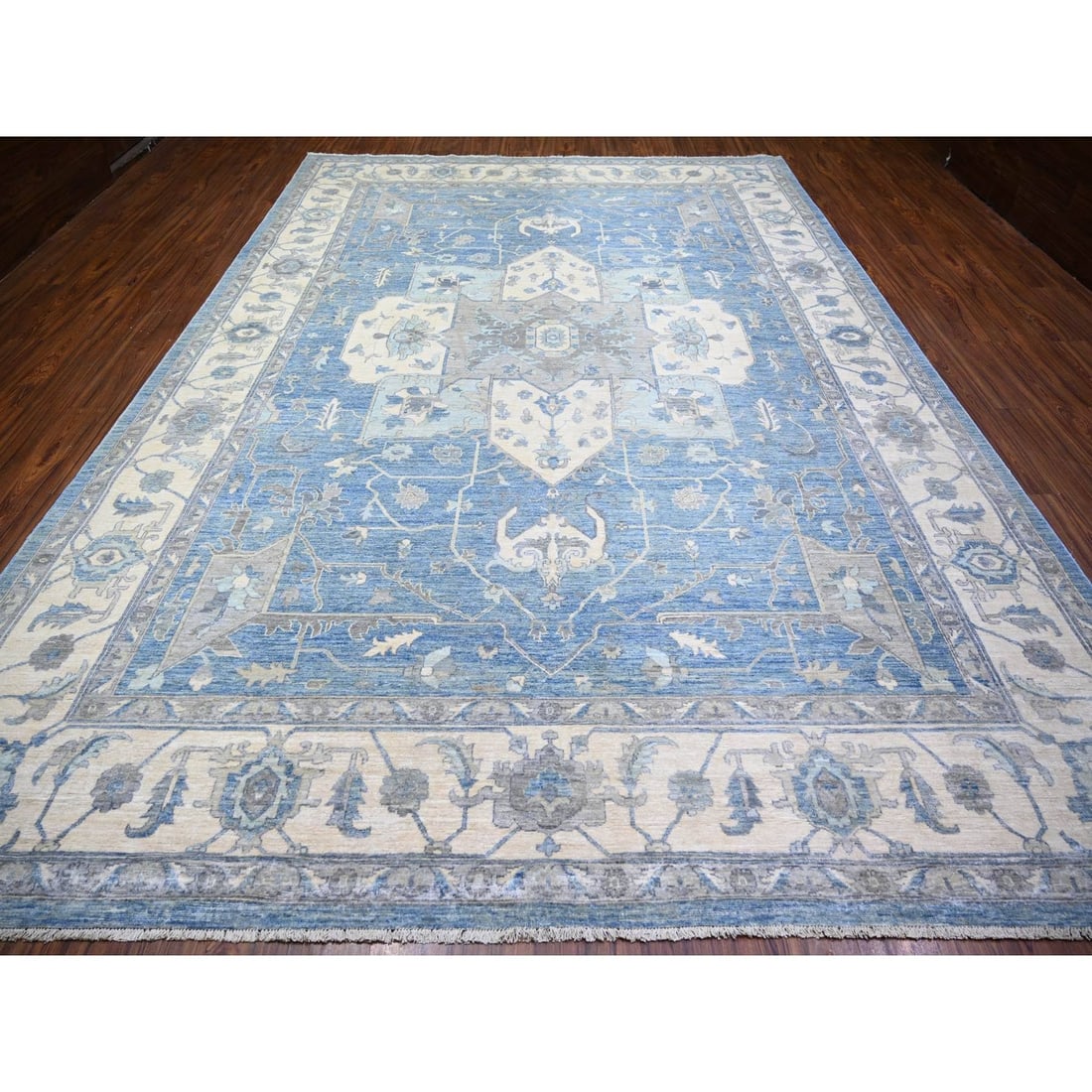 Rug 9'10"x14' Cerulean Blue Organic Wool Hand Knotted Finer Peshawar - 2
