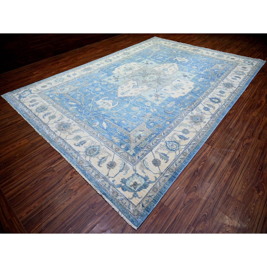 Rug 9'10"x14' Cerulean Blue Organic Wool Hand Knotted Finer Peshawar - 3