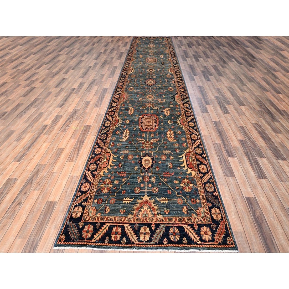 Rug 4'3"x19' Stone Blue Heris All Over Design Pure Wool Hand Knotted Runner - 2