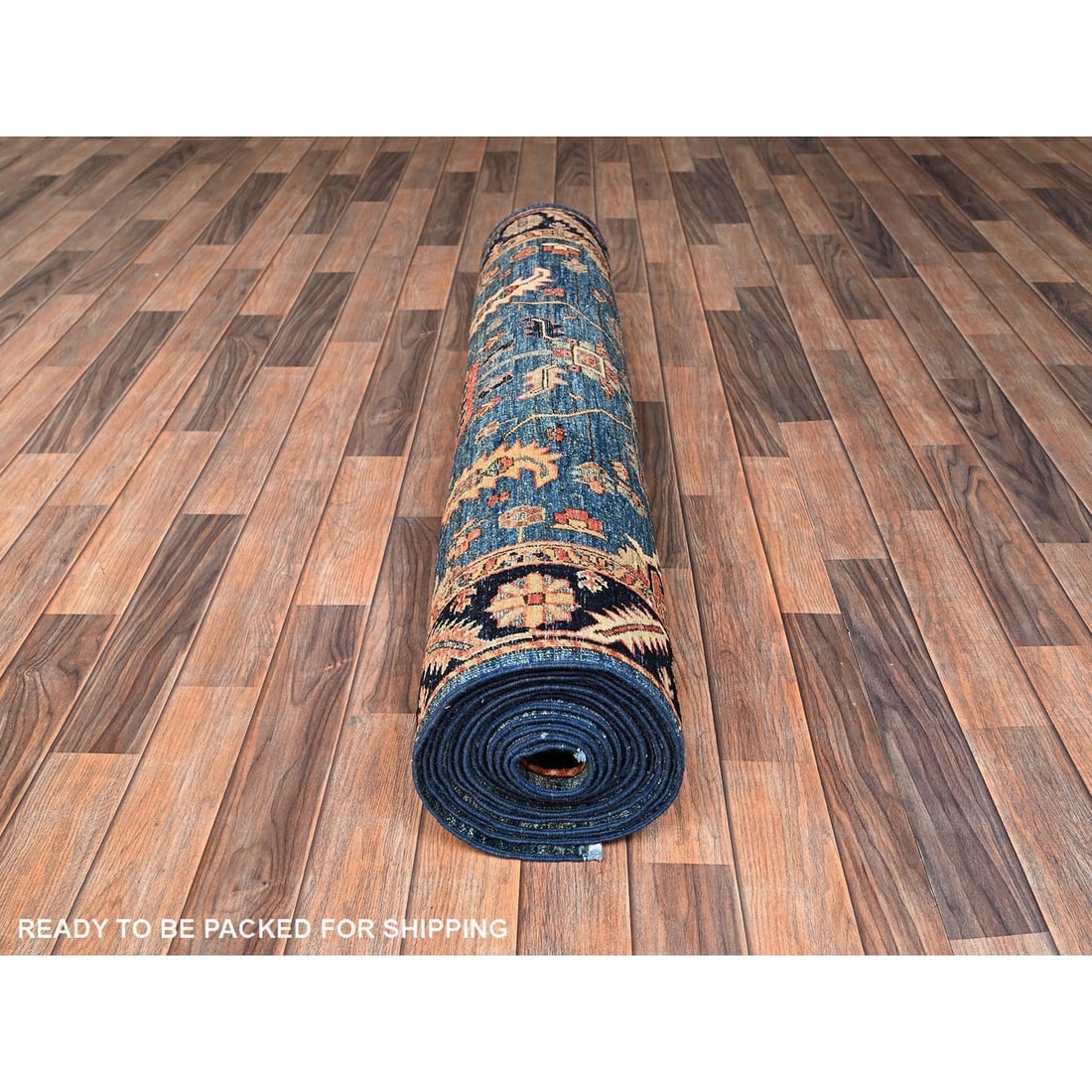 Rug 4'3"x19' Stone Blue Heris All Over Design Pure Wool Hand Knotted Runner - 5