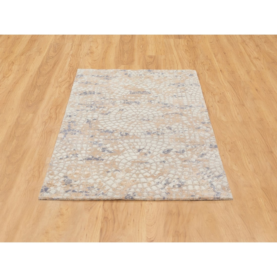 Rug 3'x5' Gray Wool & Pure Silk Mosaic Design Handknotted Modern Oriental - 2