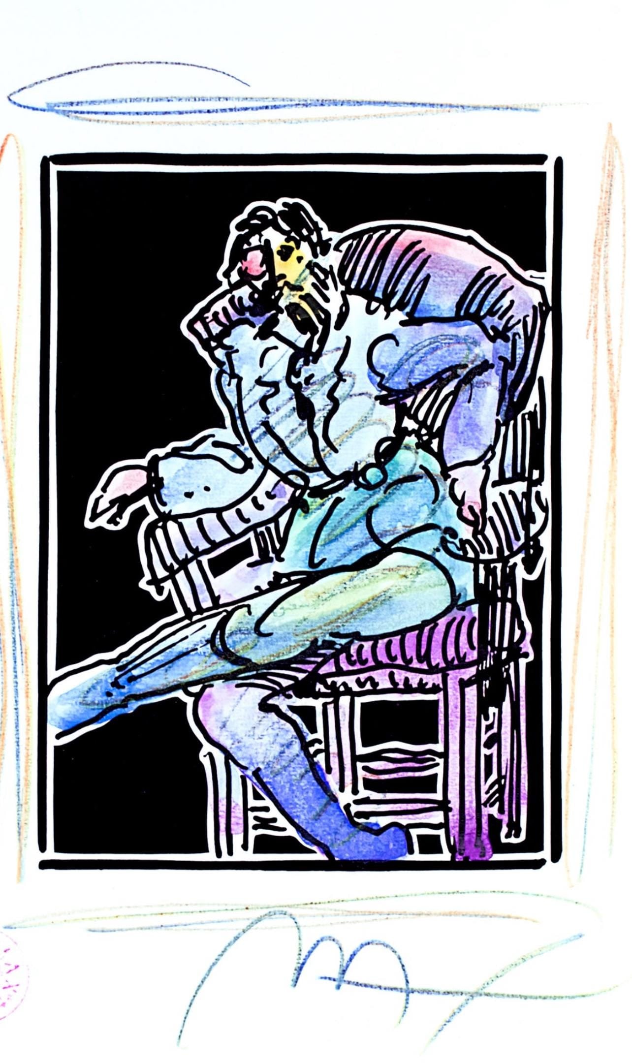 Official Edition Mixed Media - Peter Max - Seated Figure - Black and White Series - Hand Signed - 2