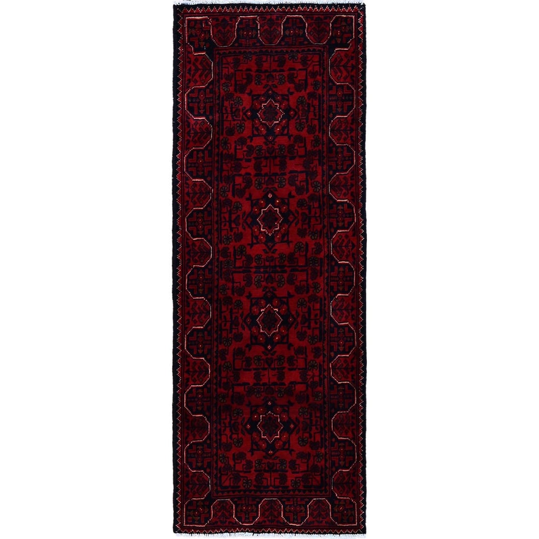 Rug 1'8"x4'9" Red Afghan Khamyab Geometric Pattern Hand Knotted Wool Runner (1 of 7)